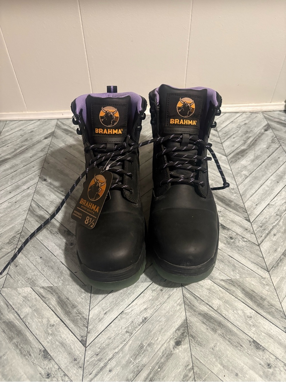Brahma Black Work Boots with Purple Collar and Green Outsole